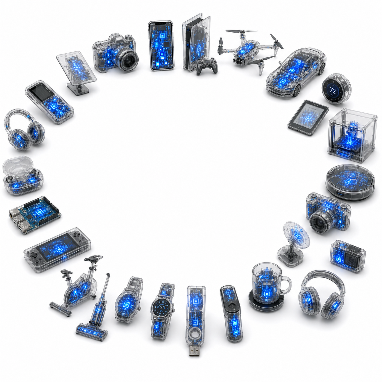 A circle of translucent consumer electronics — phones, cameras, drones, headphones, automobiles, watches — each illuminated by the blue glow of an internal printed circuit board.